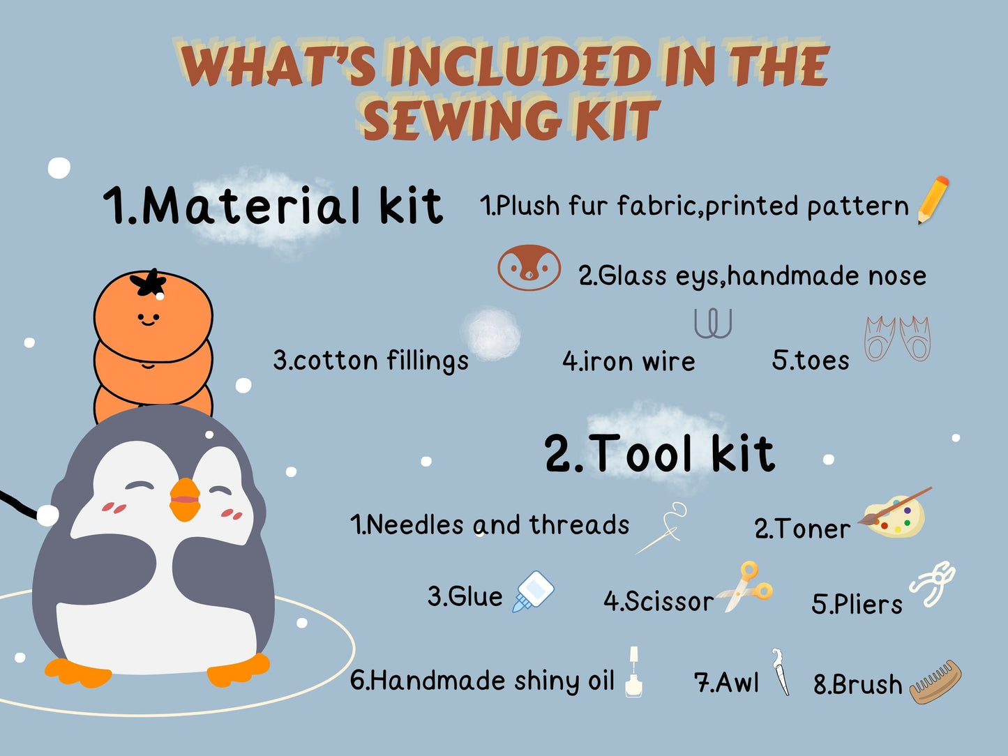 DIY Penguin Plush Kit with Video Tutorial,Stuffed Animal All-In-One Sewing Kit,Easy-to-Follow,Doll Making Pattern Material Kit Sewing Gift